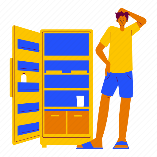 Empty refrigerator, man, refrigerator, empty, searching, confused, kitchen illustration - Download on Iconfinder