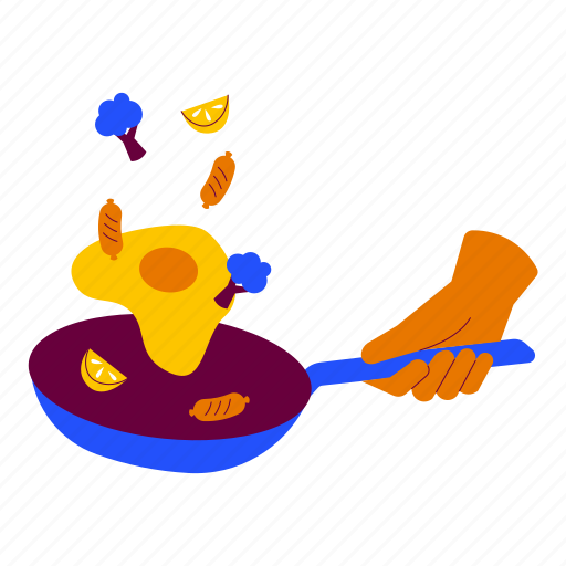 Holding a frying pan, food, vegetables, egg, menu, hand gesture, kitchen illustration - Download on Iconfinder