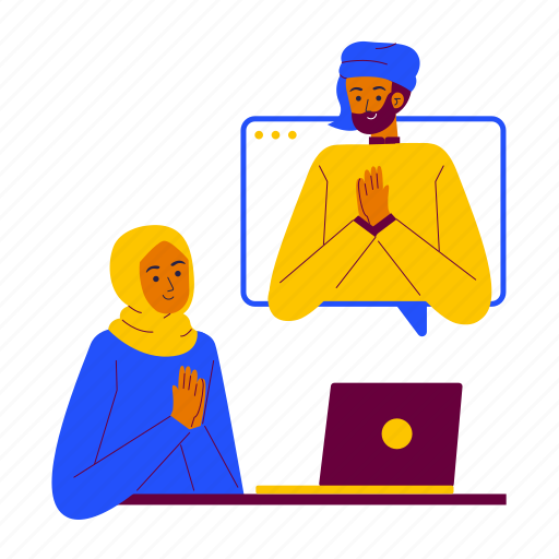 Ramadan online greeting, forgiveness, forgiving each other, family, celebration, video call, laptop illustration - Download on Iconfinder