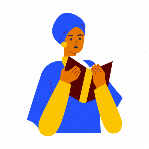 Reading quran, read, reading, pray, female, hijab, book illustration - Download on Iconfinder