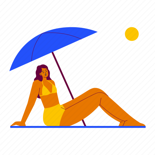 Sunbathing, tanning, girl, umbrella, beach, bikini, summer illustration - Download on Iconfinder