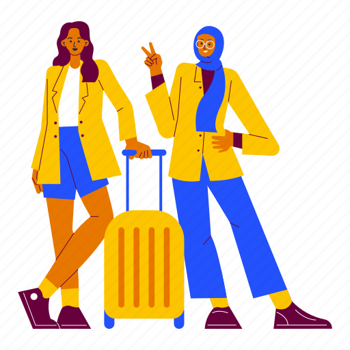 Vacation with friends, girls, traveling, traveler, enjoy, luggage, summer illustration - Download on Iconfinder