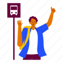 traveler stopping the bus, bus station, man, backpacker, public transportation, transport, travel, holiday, vacation 