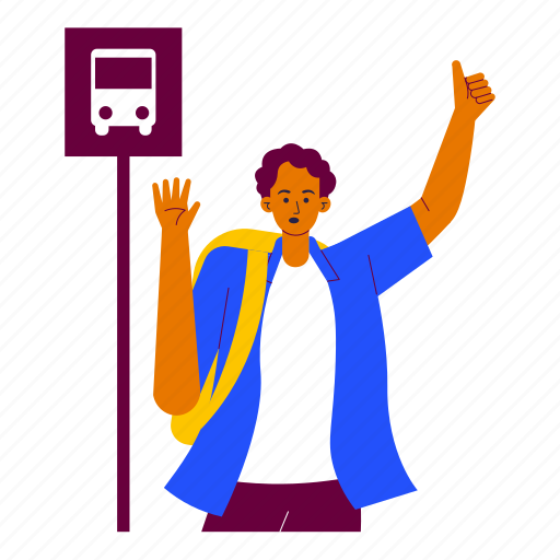 Traveler stopping the bus, bus station, man, backpacker, public transportation, transport, travel illustration - Download on Iconfinder