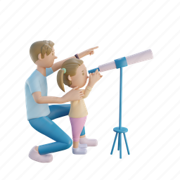 3d render, dad, daughter, telescope, star, parent day, fathers day, children day 