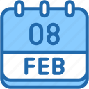 calendar, febraury, eight, date, monthly, time, and, month, schedule