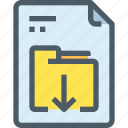 arrow, document, download, file, folder, paper