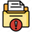 document, files, folders, paper, sheet, text, warning 