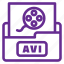 avi, filetype, filled outline, flat color, movie file, play, player 