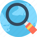 globe, international search, magnifier, magnifying glass, search location 
