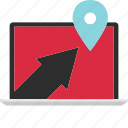 arrow, gps, laptop, location, online, point