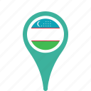 country, county, flag, map, national, pin, uzbekistan