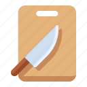 cutting board, chopping board, knife, kitchen