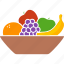 apple, bowl, container, fruit, fruits, grapes, orange 