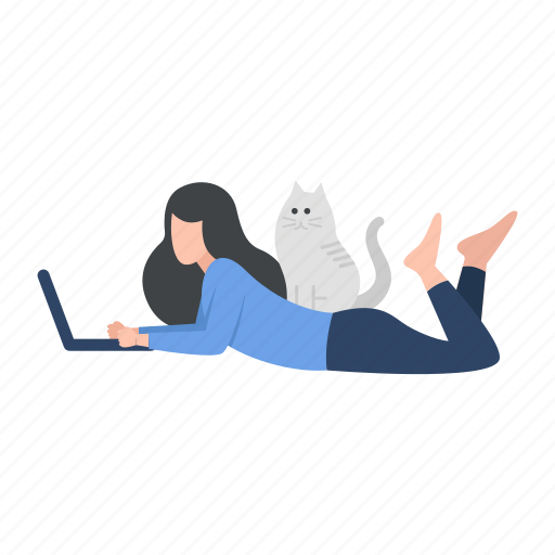 Woman, laptop, pussy cat, enjoying, prone, position illustration - Download on Iconfinder
