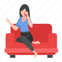 female, woman, gossips, cellphone, sofa, couch, sitting 