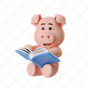 reading, read, book, pig, piggy, animal, cute, emoji, mascot