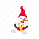 funny, snowman, flat, icon, hat, decor, box, present, smile