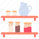 kitchen, wall, shelf, utensil, jug