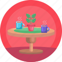 round table, hot tea, flower pot, tea, coffee, furniture