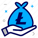 litecoin, bag, lite, charity, hand, currency, crypto, money