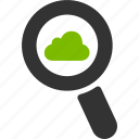 cloud, database, glass, magnifier, search, server, zoom