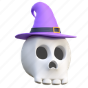 skull, wearing, witch, hat, halloween, illustration, dead, spooky 