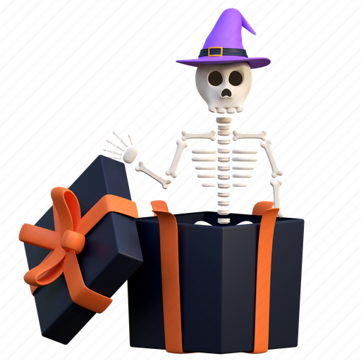 Skeleton, happy, open, giftbox, halloween, illustration, horror 3D illustration - Download on Iconfinder