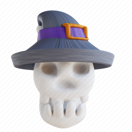Illustration, cute, skull, with, witch, hat, pumpkin 3D illustration - Download on Iconfinder