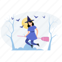 halloween broom flying, witch broom, halloween witch, witch hat, halloween hat, bat, halloween costume, halloween, fly