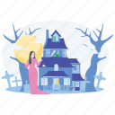 halloween house, haunted, house, abandoned illustration, fantasy, building, mystery, cross, architecture