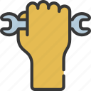 holding, up, spanner, palm, point, mechanic