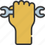 holding, up, spanner, palm, point, mechanic 