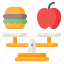 balanced diet, diet, balance, scale, burger, apple, fruit 