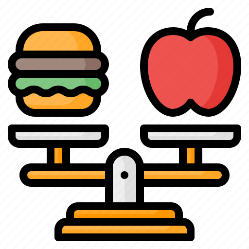 Balanced diet, diet, balance, scale, burger, apple, fruit icon - Download on Iconfinder