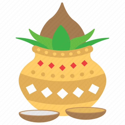 Kalasha pot, mango leaves, new year celebration, ugadi, water and coconut icon - Download on Iconfinder