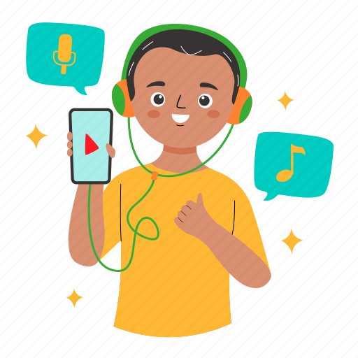 Listening, music, padcast, headphone, play, boy, home activity illustration - Download on Iconfinder