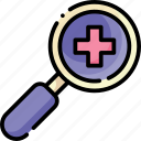 search, magnifying glass, hospital, medical, red cross
