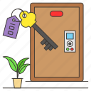 roomkey, hotel, plant pot, entrance key, security, safety, room key