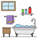 bathtub, bathroom, shower, towel, shampoo, condition, accessories