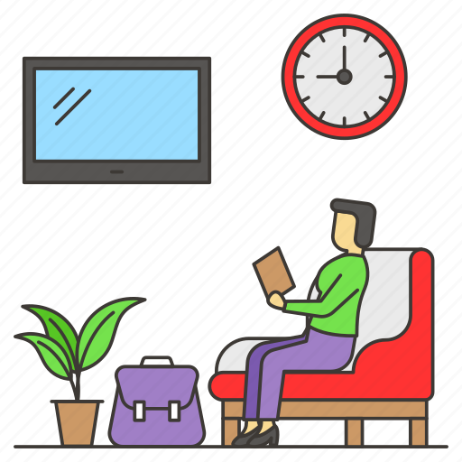 Lounge, waiting area, sofa, lcd, wall clock, flower pot icon - Download on Iconfinder