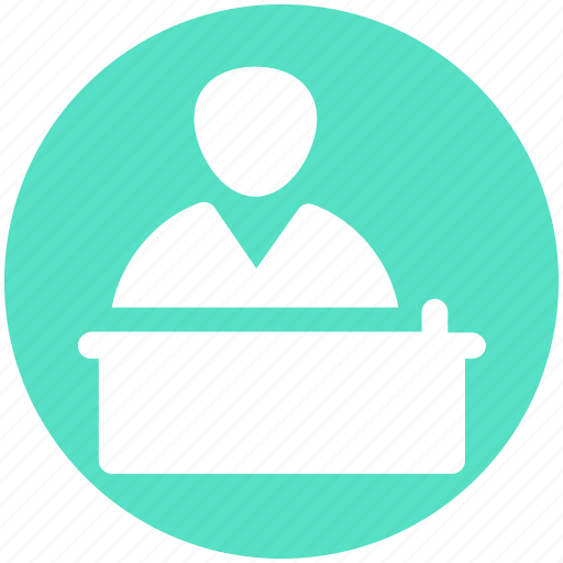Hotel reception, interview, lecture, public speaker, reception, speech icon - Download on Iconfinder