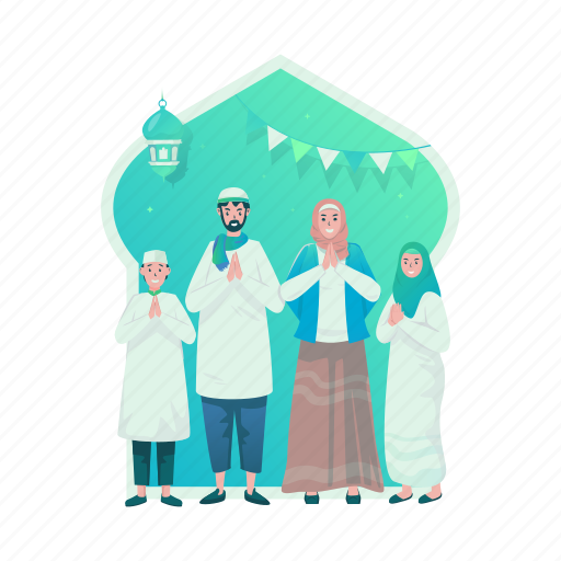 Muslim, family, greeting, happy, welcome, message, eid mubarak illustration - Download on Iconfinder