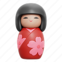 kokeshi, doll, 3d icon, japanese 