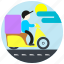 cap, cloud, delivery, jobs, man, scooter, sun 