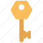 hexagon, key, locksmith, security, brass 