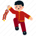 chinese, boy, firecrackers, kid, cute, pose, character, celebration, happy