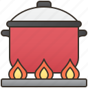 boiling, fire, red, stockpot, stove