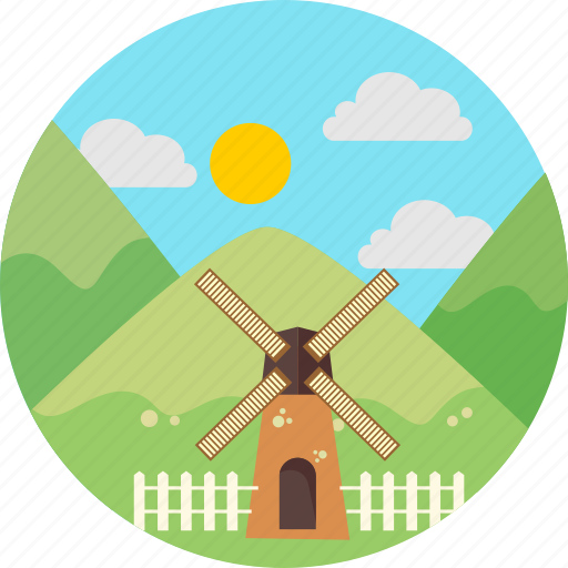 Mill, mountains, nature, sun, verdure, windmill icon - Download on Iconfinder
