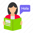 female, spanish, woman, reading, language book, translation book